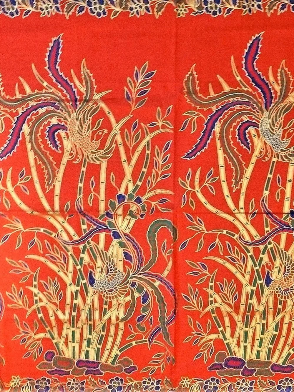 Vintage Asian Phoenix Bamboo Tablecloth Wall Hanging Red Gold 75x43 Textile